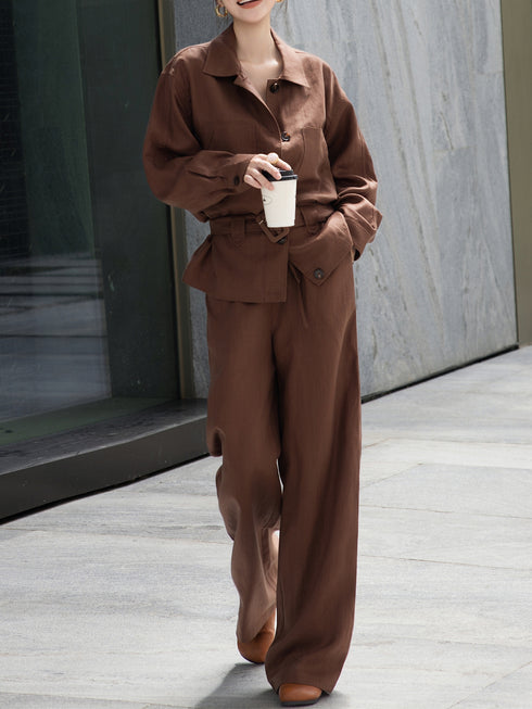 Autumn Fashion Set for Women – Linen Tie-Front Blouse & Wide-Leg Pants Three-Piece Suit