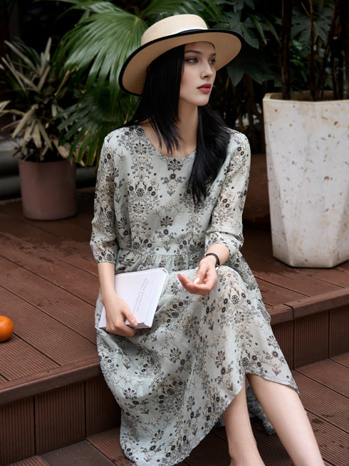 Luxury Silk-Linen Blend Dress – Floral Print, Effortlessly Elegant