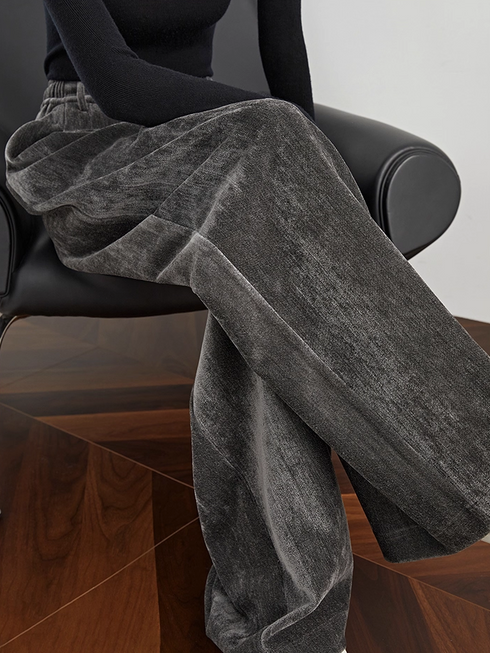 Women's Dark Gray Velvet Wide-Leg Pants – Extended Fall/Winter Chenille Casual Lounge Floor-Length Trousers with Draped Fit