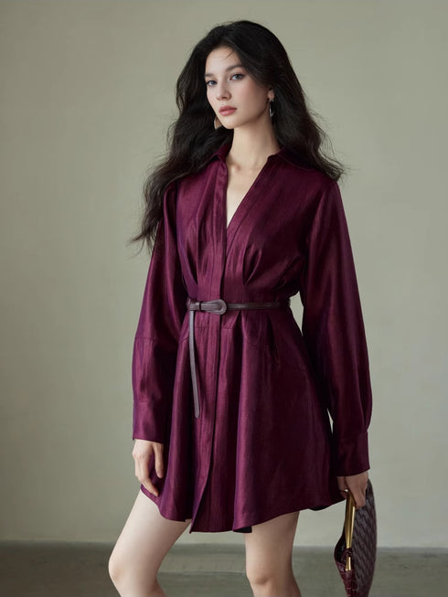 Lustrous Jacquard Satin Shirt Dress for Women – Belted Waist A-Line Mini Dress with Refined Sheen