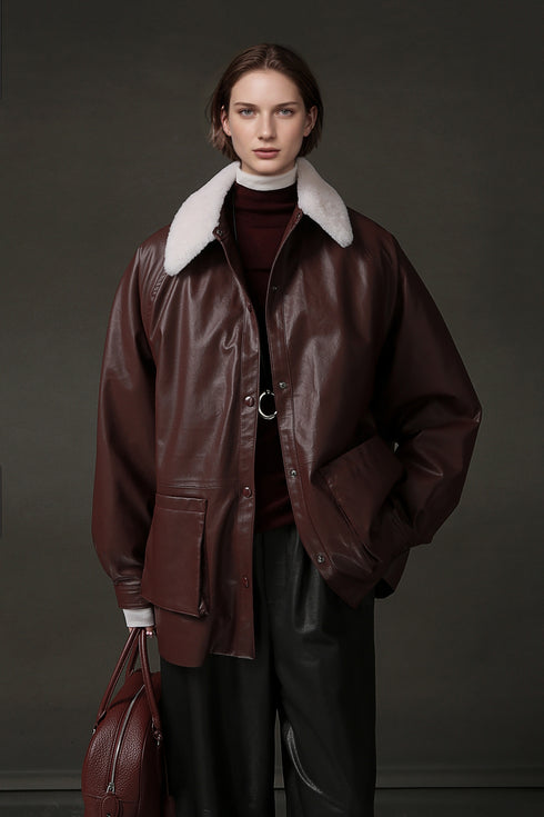 Women’s Biker-Style Shearling Down Jacket – Trendy Short White Goose Down Coat for Winter