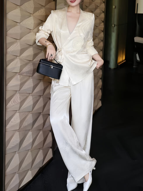 Sophisticated Autumn Professional Set – Chinese-Inspired Viscose Jacquard Tie-Waist Suit
