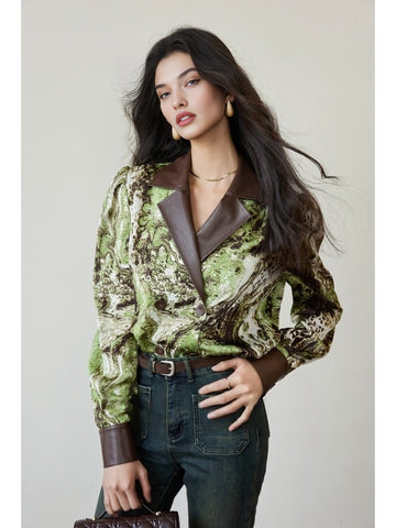 Satin Print & Eco Leather Spliced Double-Breasted Shirt – Floral Long Sleeve with Notched Lapel
