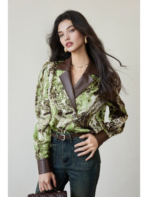 Satin Print & Eco Leather Spliced Double-Breasted Shirt – Floral Long Sleeve with Notched Lapel