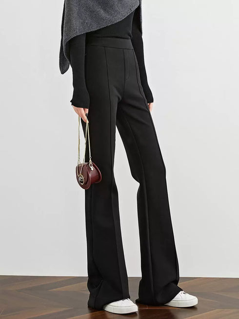 Women's Black Horseshoe Pants – Fleece-Lined Slim Straight Slightly Flared Casual Trousers for Fall/Winter