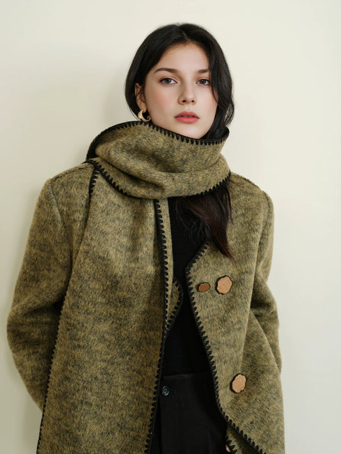 Women's Designer Green Wool Coat with Reversible Scarf – Double-Faced Wool Winter Overcoat