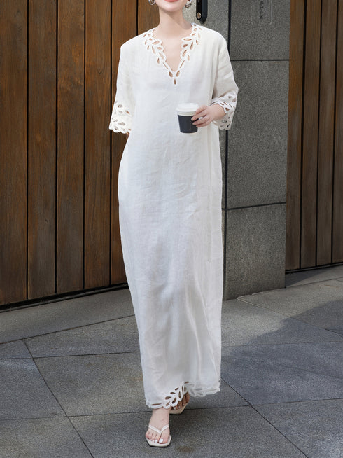 Autumn Linen Lace V-Neck Casual Maxi Dress with Relaxed Fit & Matching Suspender Skirt