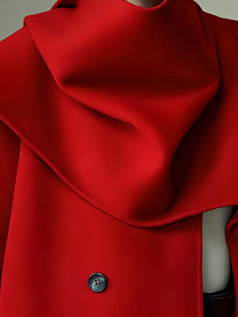 Cape-Style Christmas Red Double-Faced Wool Coat for Women – Elegant Long Scarf-Collar Woolen Overcoat