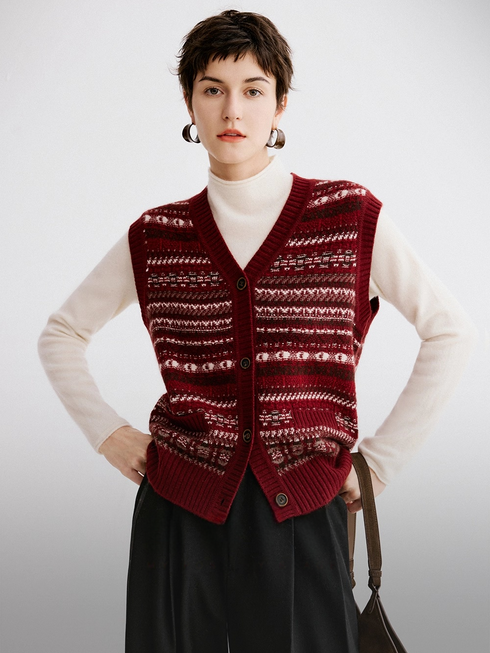 Fair Isle Layered Vest – Stylish V-Neck Jacquard Knit Cardigan for Women, Fall/Winter Sweater