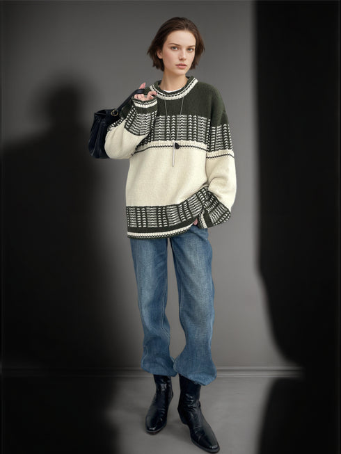 Women’s Mercerized Wool Fair Isle Knit Sweater | Color-Block Crew Neck Pullover