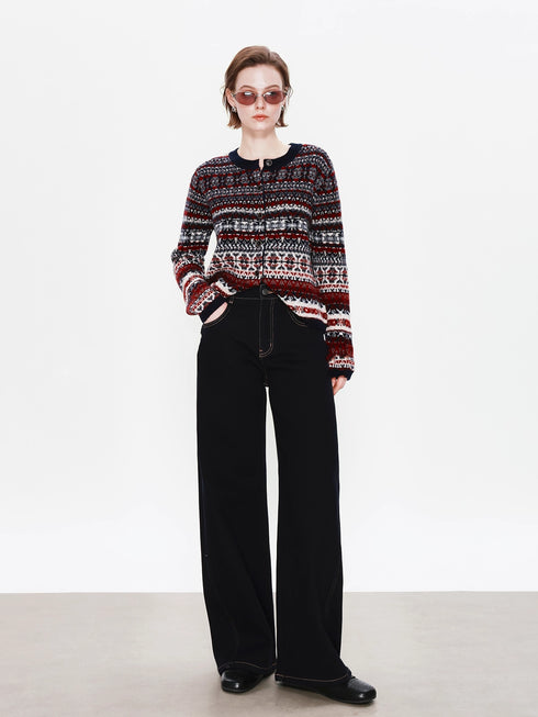 Bohemian Artist Vintage Literary 100% Wool Fair Isle Heavy Jacquard Knit Cardigan for Women