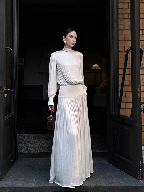 French-Style Satin Ruched Long-Sleeve Maxi Dress for Women – Elegant Pleated Evening-Inspired Fall Outfit