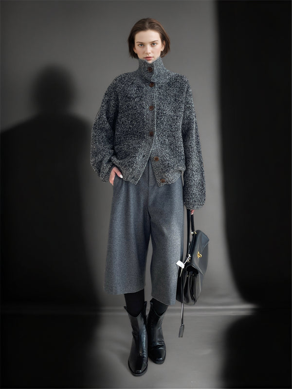 100% Wool Bouclé Knit Stand Collar Sweater Jacket for Women | Heavyweight Thick Textured Wool Cardigan