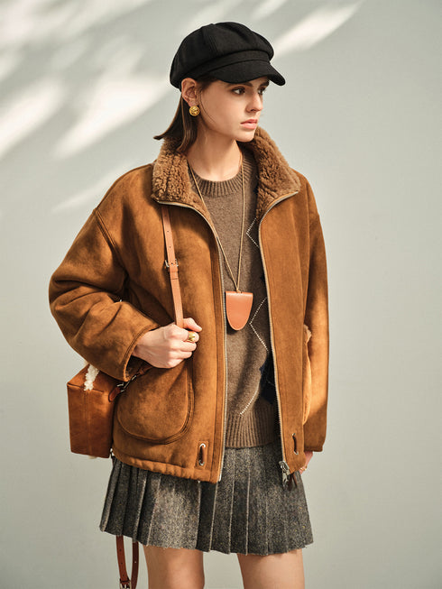 100% Wool-Lined Vintage Brown Faux Suede Jacket – Thick Reversible Shearling-Style Coat for Women