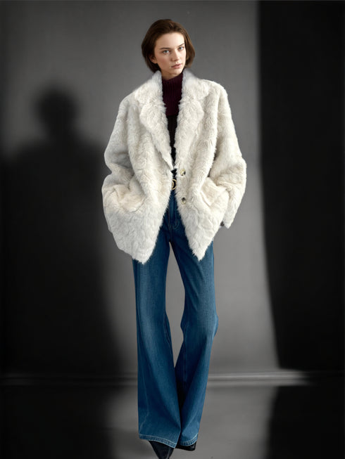 Women’s Faux Shearling Blazer Coat with V-Neck | Chic Bouclé Style Eco Fur Jacket for Winter