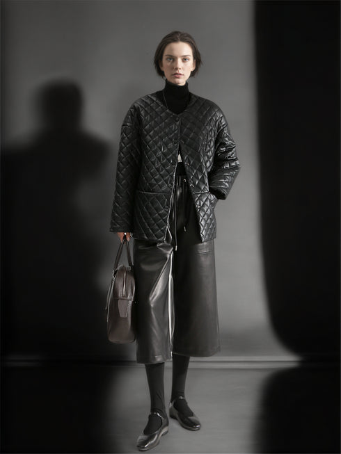 Women’s Genuine Sheepskin Culottes | Cropped Wide-Leg Leather Pants with Elastic Waist, Casual Office Style