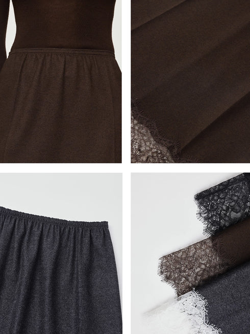 Italian VBC Wool Flannel Skirt for Women | French Lace, Elastic Waist, Straight Midi Skirt
