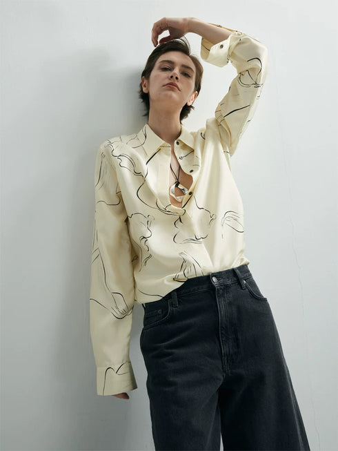 Women's Hand-Drawn Calla Lily Line Print Relaxed-Fit Silk Long-Sleeve Shirt – Mulberry Silk Office Blouse