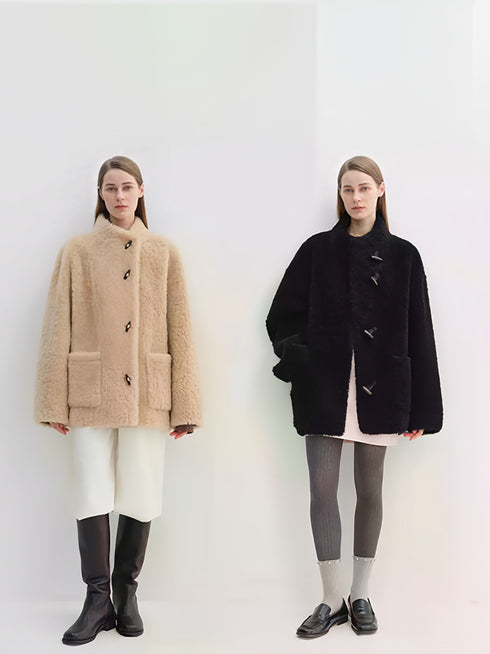 Stand-Collar Textured 100% Wool Shearling Coat for Women — Mid-Length Faux Sheepskin Outerwear