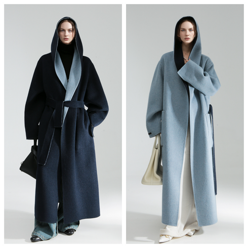 Elegant Double-Faced Tencel Wool Cape Coat for Women – Luxury Hooded Two-Tone Winter Outerwear