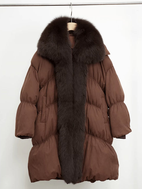 Women’s Mid-Length Down Coat with Fox Fur Hood | 90% White Goose Down Winter Jacket
