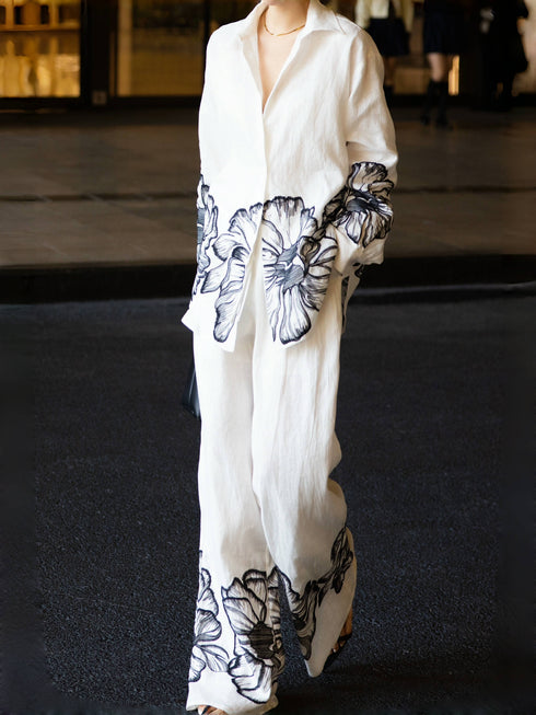 Linen Two-Piece Set – Watercolor Lotus Embroidered Shirt & Wide-Leg Pants