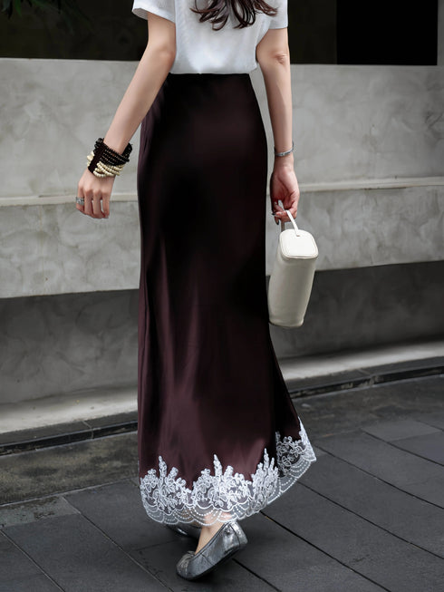 Acetate Satin Lace-Trim Bias-Cut Mermaid Midi Skirt – Elegant High-Waisted Fishtail Skirt