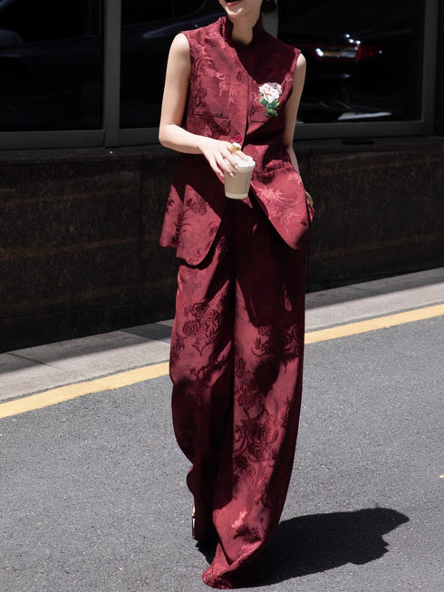 Acetate Jacquard Vest + Wide-Leg Pants Set