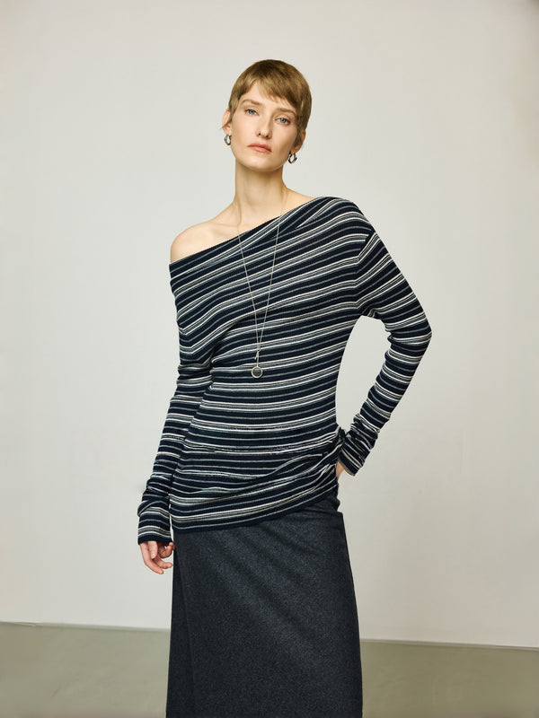 Pure Wool Knit Sweater – Refined Stripe Detail, Modern Asymmetric Silhouette