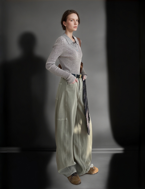 Women’s Fleece-Lined High-Waist Jeans | Unique Deconstructed Wide-Leg Denim Pants with Belt for Winter