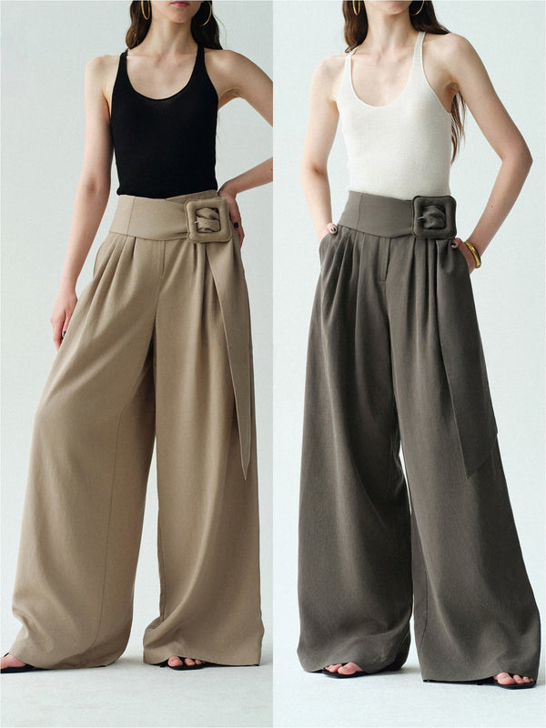 Lyocell-Linen Wide-Belt Wide-Leg Trousers – Vintage Draped Summer Palazzo Pants