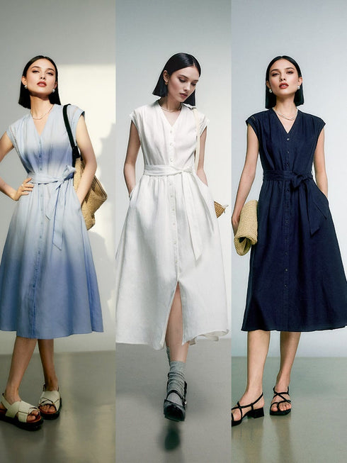 Pure Linen Midi Dress – 100% Natural, Breezy & Timeless