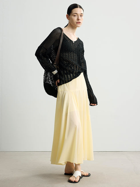 Cutout Thin Knit Cardigan & Sheer Crochet Blouse with Paper Yarn T-Shirt – Metal-Free Accessories