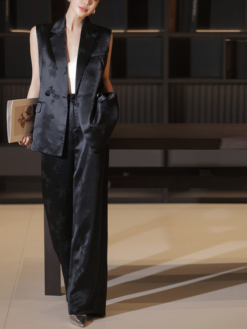 Acetate Jacquard Vest + Wide-Leg Pants Two-Piece Set