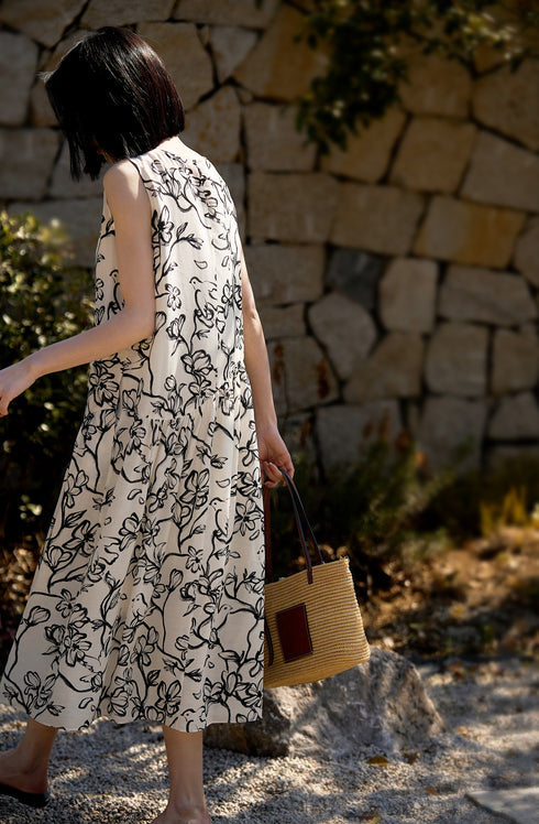 Ink-Dye Tencel Linen Sleeveless Dress – Loose Fit, Round Neck, Artistic Style