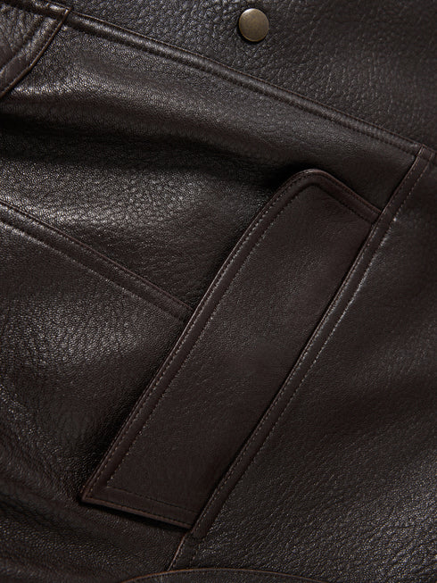 2025 Fall/Winter Women’s Vintage Sheepskin Leather Jacket – Double-Layer Lapel & Structured Panel Design