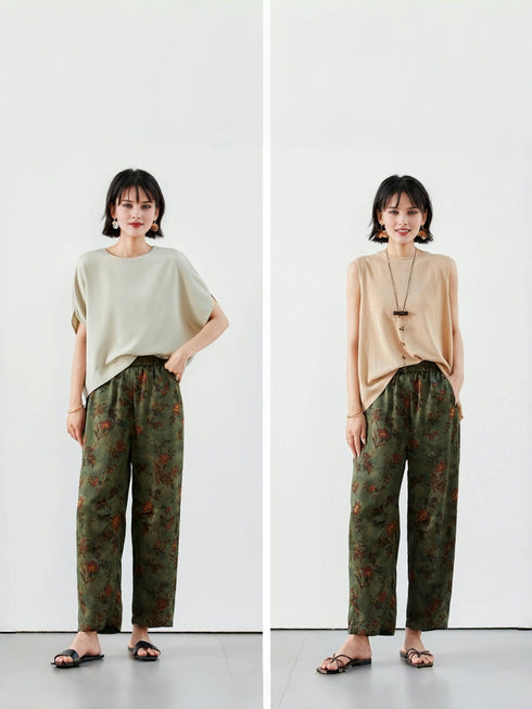 Printed Moss Flower Shadow Casual Pants – 22 Momme Mulberry Silk & Intangible Heritage Gambiered Guangdong Silk