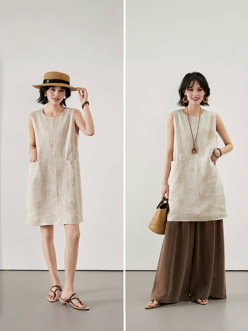 Linen Vest-Style Jacquard Midi Dress – Airy and Refined