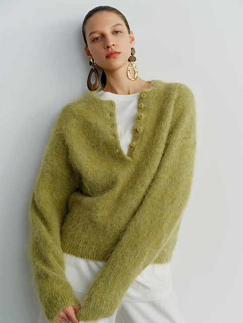 Relaxed Fit Henry Neck Alpaca Wool Sweater for Women – Cozy Loose Pullover with Soft, Luxurious Feel