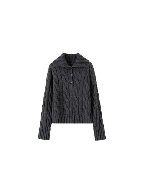 Sculptural Cable Knit Series Autumn/Winter Essential Pure Wool Yarn Chunky Knit Polo Sweater – Oversized Silhouette