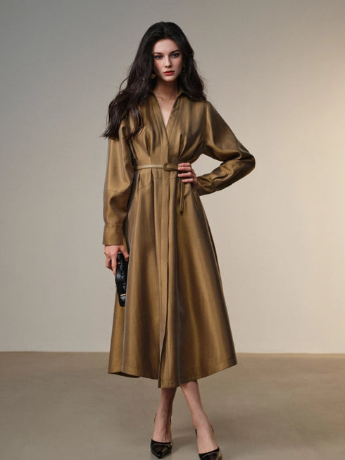 Silk Jacquard Satin Shirt Dress for Women – Belted Waist Flared A-Line Long Dress with Lustrous Finish