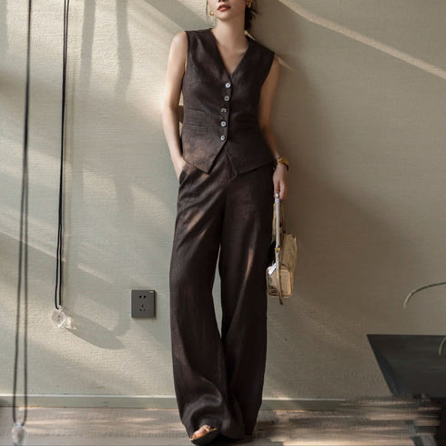 Women’s Summer Linen Two-Piece Set – Minimalist Vest & Wide-Leg Pants, Elegant Commuter Style