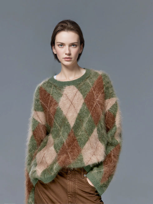 Brushed Cashmere Diamond-Pattern Crewneck Sweater for Women | Soft Long-Sleeve Knit in British-Inspired Style