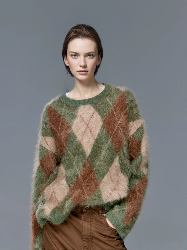 Brushed Cashmere Diamond-Pattern Crewneck Sweater for Women | Soft Long-Sleeve Knit in British-Inspired Style