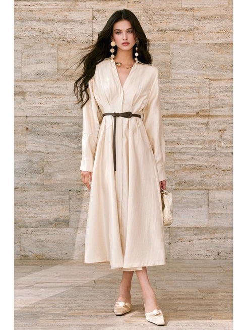 Lustrous Silk Brocade Shirt Dress – Structured Waistband, Full Skirt, Available in Long & Short Styles