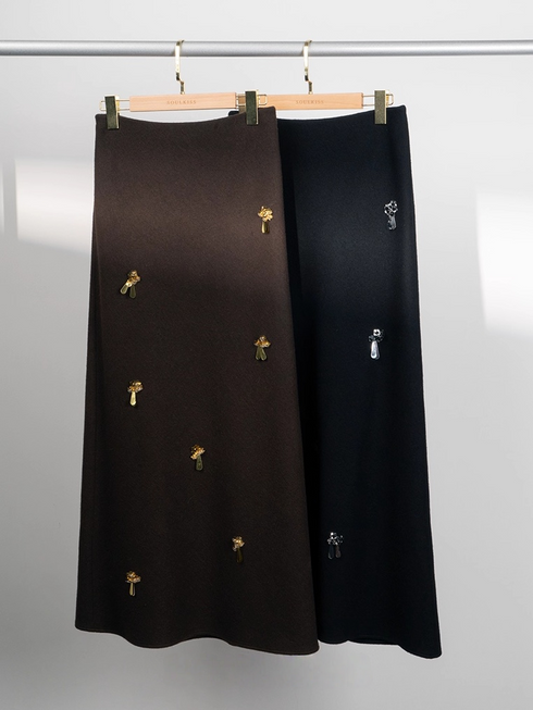 French Holiday Style Beaded Bias-Cut Wool Midi Skirt for Women – Slimming A-Line Design