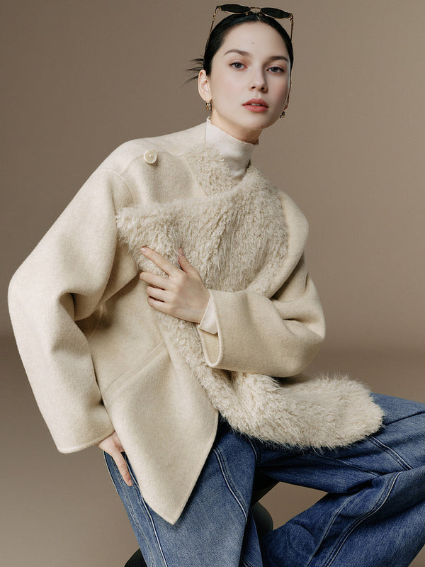 Women's Elegant Two-Tone Pure Wool Double-Faced Coat with Faux Fur Texture – Eco-Friendly Winter Overcoat