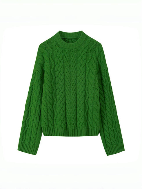 Retro Green Wool Cable Knit Sweater – Loose Christmas Pullover for Women, Autumn Winter Outfit