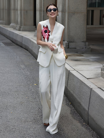 Women’s Embroidered Two-Piece Set – Sleeveless Top & Wide-Leg Pants, Elegant Old Money Style