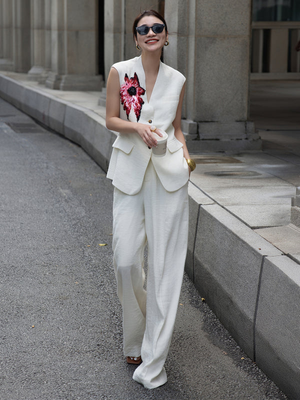 Women’s Embroidered Two-Piece Set – Sleeveless Top & Wide-Leg Pants, Elegant Old Money Style